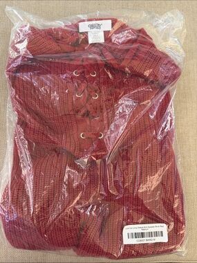 Country Store Lace-Up Knit Long Sleeve Sweater - Brick Red